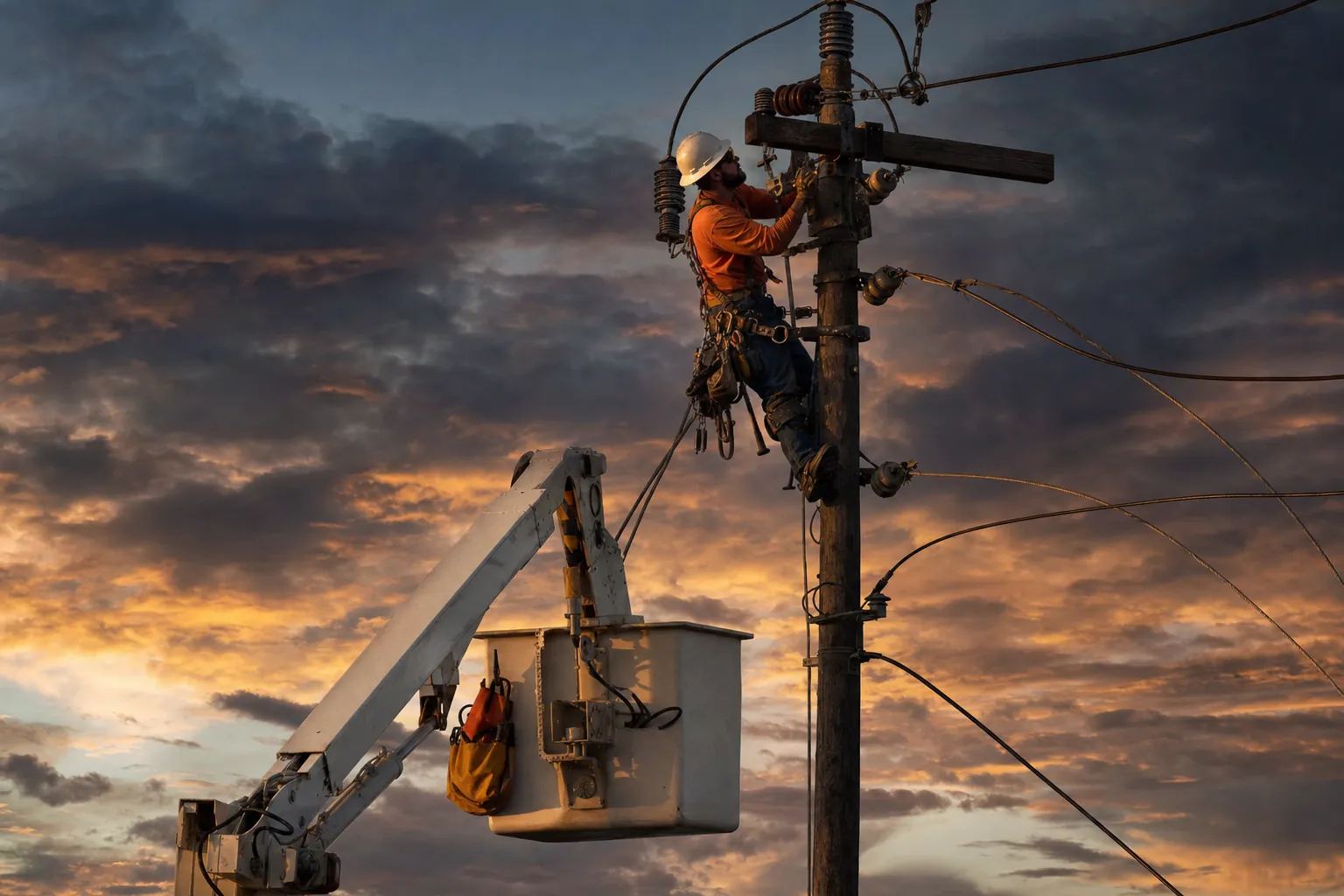A lineman in a hard hat and harness working high on a power pole at dusk